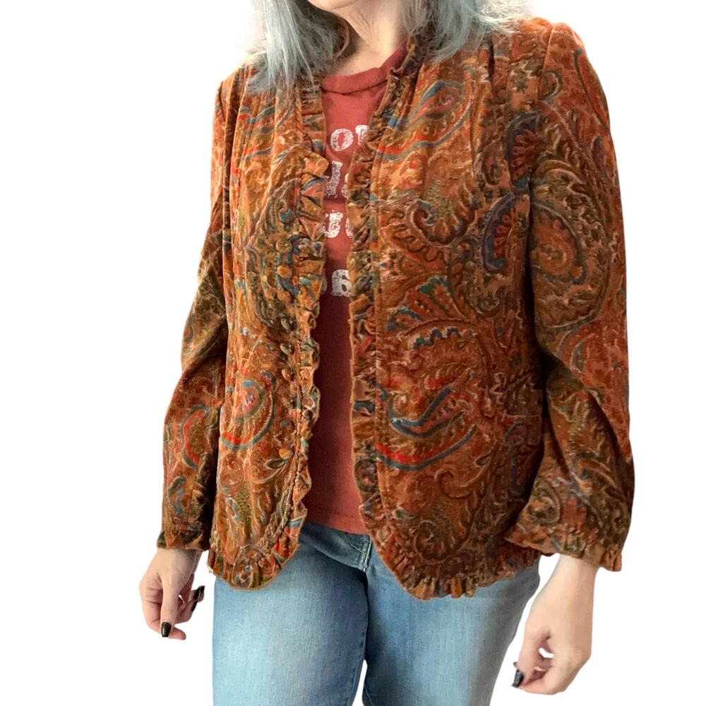 Katie Todd 70s Style Retro Ruffle Paisley Orange Blazer New Medium